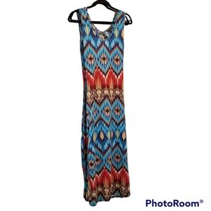 Dolce Donna Boho Tie Dye Ikat Print Maxi Dress, Size Medium